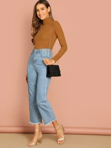 SHEIN Turtle Neck Rib Knit Solid Top