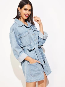 SHEIN 口袋貼布紐扣牛仔連衣裙 - 淺色水洗藍 - 查看 4
