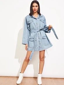 SHEIN 口袋貼布紐扣牛仔連衣裙 - 淺色水洗藍 - 查看 3