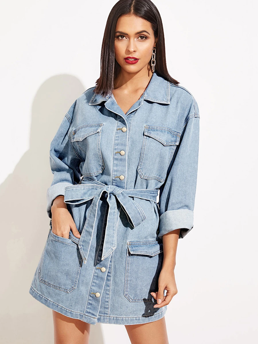 SHEIN 口袋貼布紐扣牛仔連衣裙 - 淺色水洗藍 - 查看 1