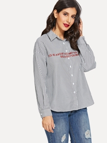 Drop Shoulder Letter and Striped Shirt