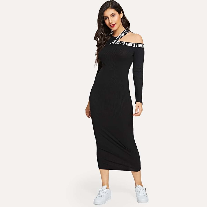 

Asymmetrical Neck Letter Tape Rib Knit Dress, Black