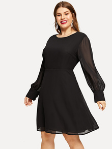 Plus Mesh Sleeve Solid Dress