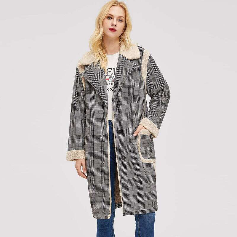 

Faux Fur Detail Button Up Plaid Coat, Multicolor
