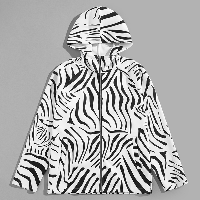 

Guys Zip Up Animal Print Hoodie Coat, Black and white