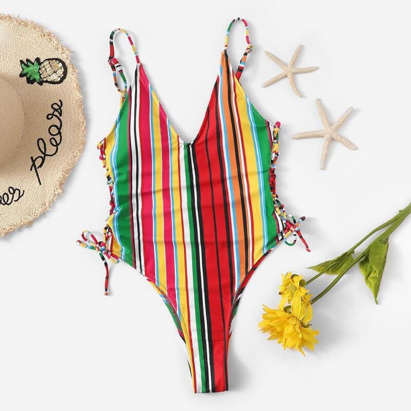 

Striped Low Back Tie Side One Piece Swimsuit, Multicolor