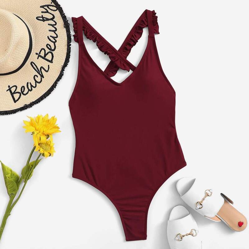 

Frill Trim Criss Cross Backless One Piece Swimsuit, Burgundy
