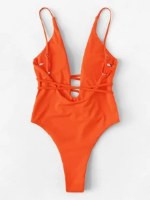 SHEIN Swim Traje de baño de una pieza para playa de verano con escote profundo y espalda baja - Naranja - Ver 2