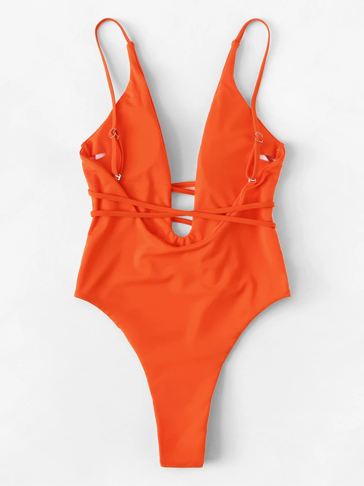SHEIN Swim Traje de baño de una pieza para playa de verano con escote profundo y espalda baja - Naranja - Ver 2