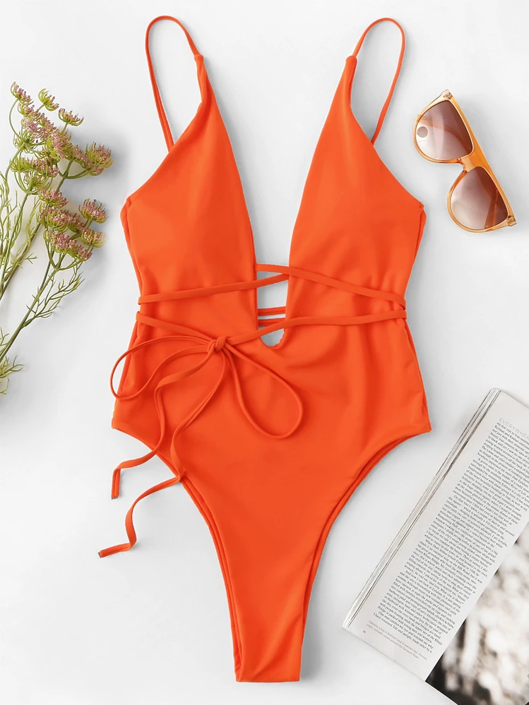 SHEIN Swim Traje de baño de una pieza para playa de verano con escote profundo y espalda baja - Naranja - Ver 1