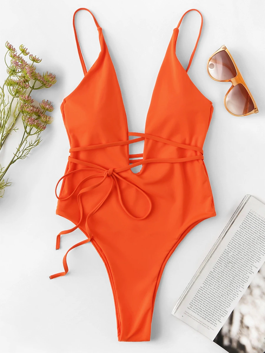 SHEIN Swim Traje de baño de una pieza para playa de verano con escote profundo y espalda baja - Naranja - Ver 1