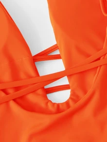 SHEIN Swim Traje de baño de una pieza para playa de verano con escote profundo y espalda baja - Naranja - Ver 5