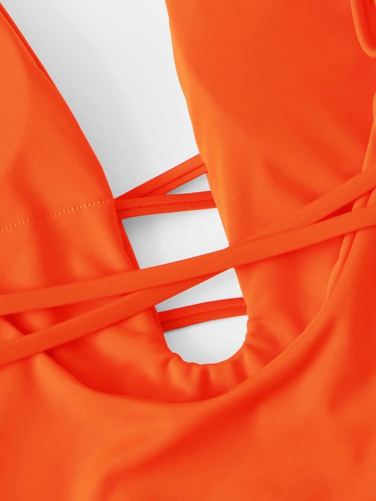 SHEIN Swim Traje de baño de una pieza para playa de verano con escote profundo y espalda baja - Naranja - Ver 5