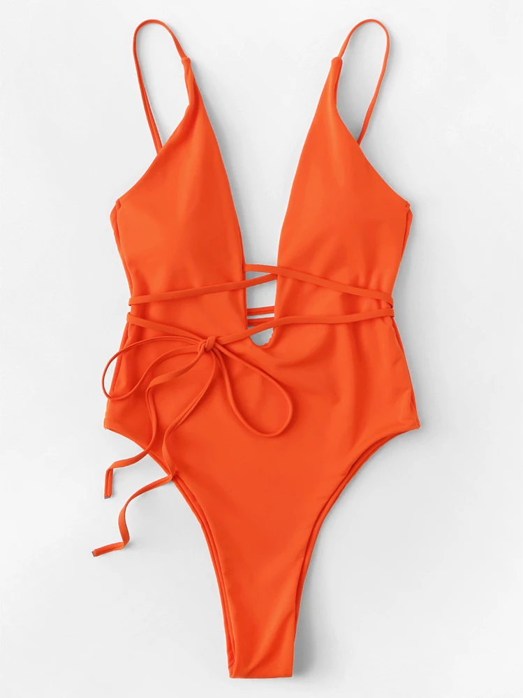 SHEIN Swim Traje de baño de una pieza para playa de verano con escote profundo y espalda baja - Naranja - Ver 3
