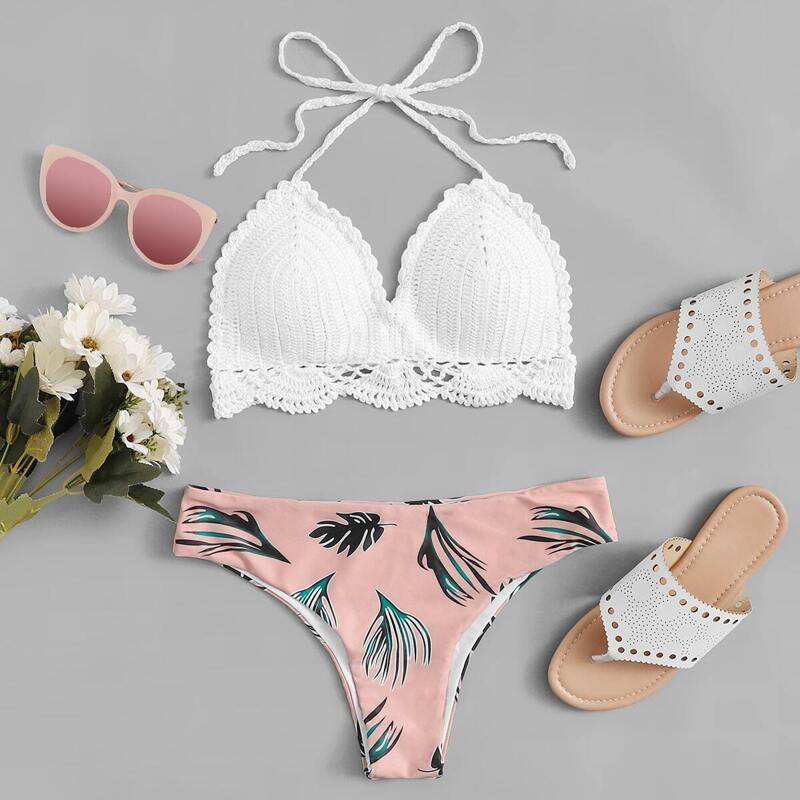 

Crochet Top With Random Tropical Low Rise Bikini, Multicolor
