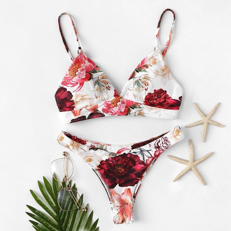 

Random Floral Lace-up Top With Low Rise Bikini, Multicolor