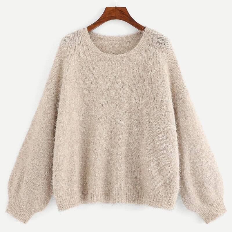 

Drop Shoulder Solid Fuzzy Sweater, Beige