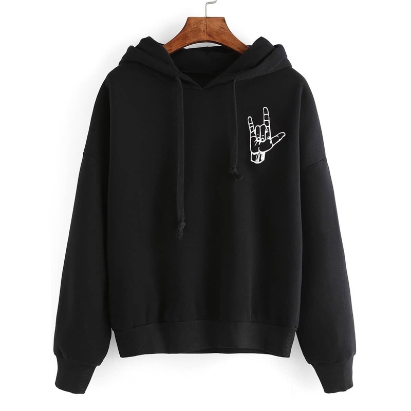 

Black Gesture Print Drop Shoulder Hooded Sweatshirt