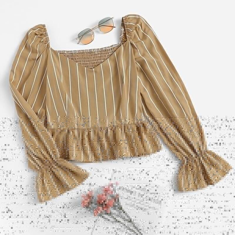 

Ruched Back Striped Flounce Sleeve Sweetheart Neck Blouse, Brown