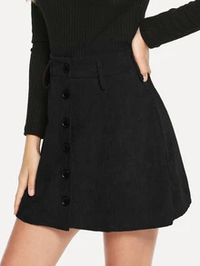 Button Front Corduroy Skirt - Black - View 4
