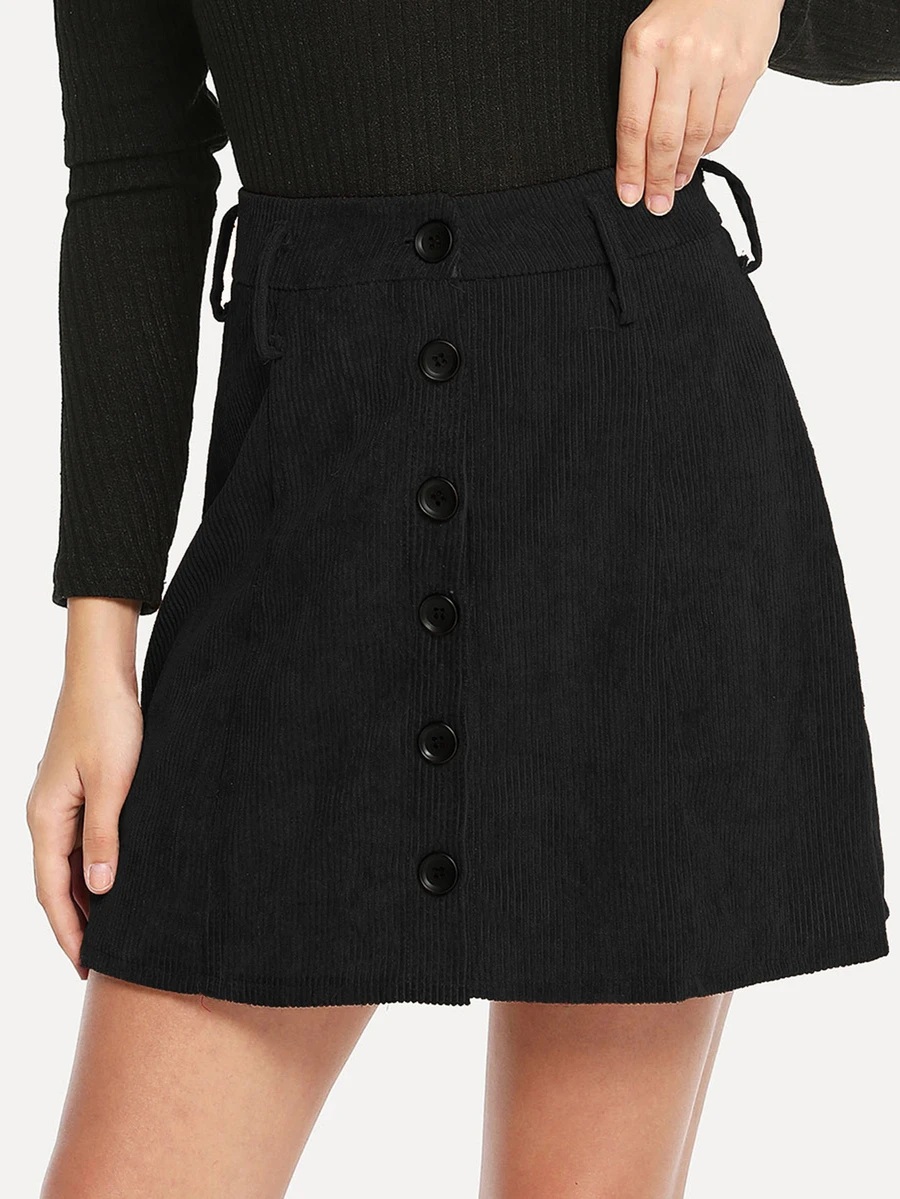 Button Front Corduroy Skirt - Black - View 1