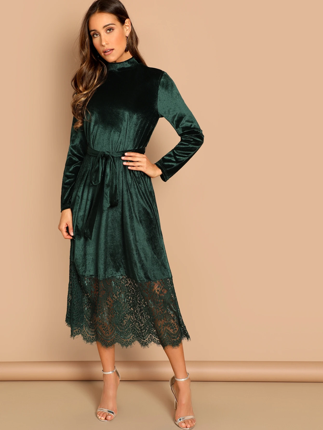 Waist belted mock neck velvet dress Clearance