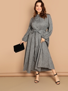Plus Ruffle Detail Button Belted Dress