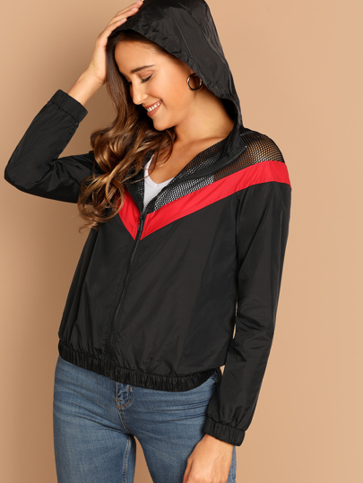 Zip Up Fishnet Color Block Hoodie Jacket pictures