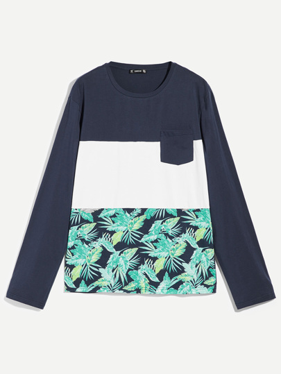 Men Color Block Plants Print Tee