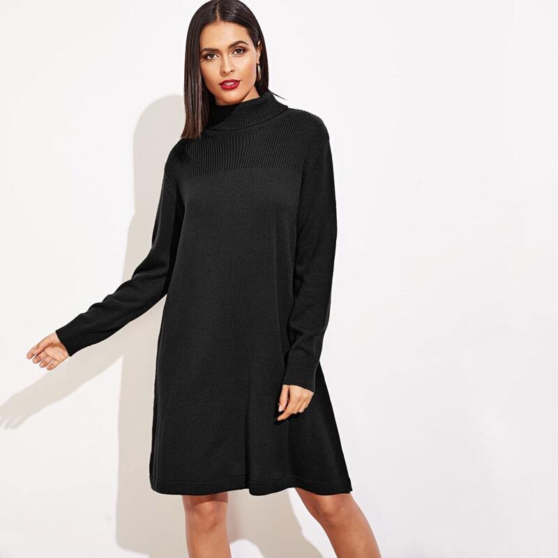 

Cut-and-sew Rolled Neck Knit Dress, Black