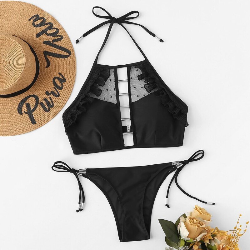 

Tie Side Contrast Mesh Bikini Set, Black