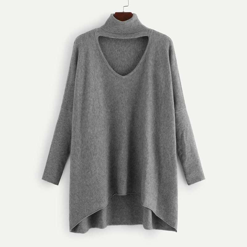 

V-cut Choker Neck Dip Hem Sweater, Grey