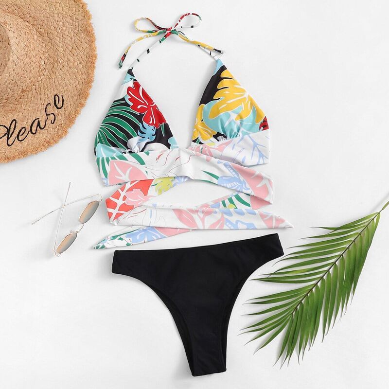 

Plants Print Wrap Halter Top Bikini Set, Multicolor