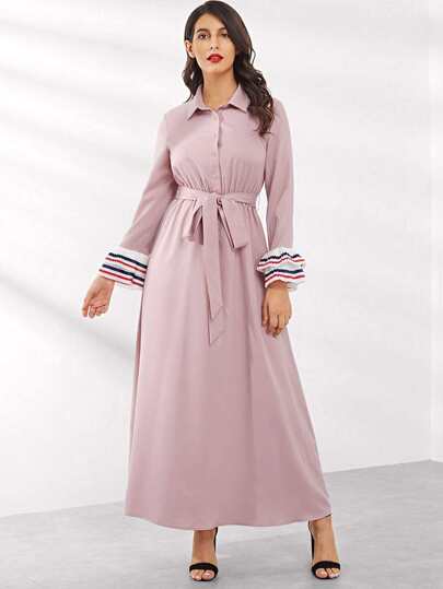 Striped Ruffle Cuff Half Placket Shirt Dress pictures