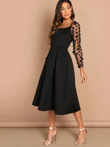 SHEIN Vestido fruncido aplique con malla en contraste - Negro - Ver 3