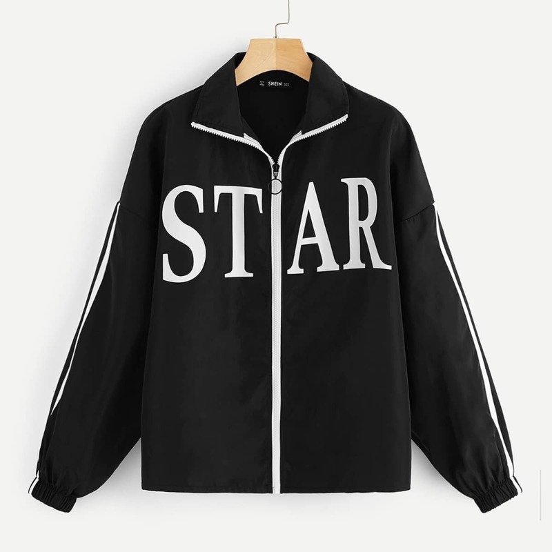 

Drop Shoulder O-ring Zip Up Letter Jacket, Black
