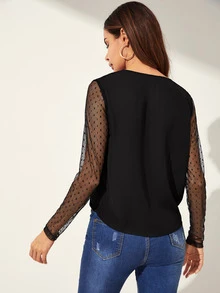 SHEIN Dobby Mesh Cross Draped Plunge Top - Black - View 2