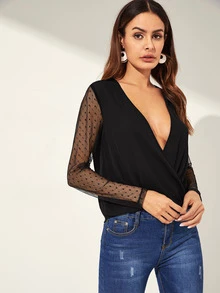 SHEIN Dobby Mesh Cross Draped Plunge Top - Black - View 4