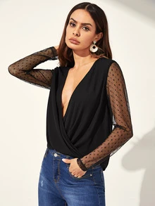 SHEIN Dobby Mesh Cross Draped Plunge Top - Black - View 1