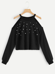 Cold Shoulder Pearl Embellished Pullover