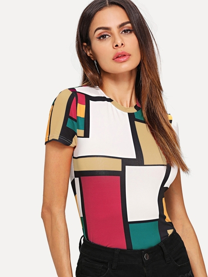 Geometric Print Color Block Top pictures