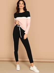 SHEIN Essnce Conjunto top de color block con pantalones - Multicolor - Ver 1