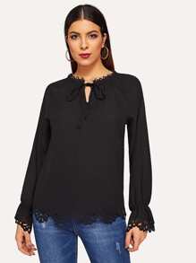 Cut-out Hem Flounce Sleeve Tie Neck Blouse