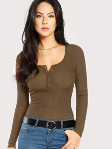 SHEIN Scoop Neck Ribbed Henley Tee - Mocha Brown - View 1