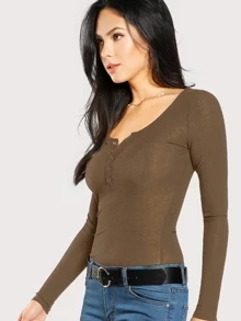 SHEIN Scoop Neck Ribbed Henley Tee - Mocha Brown - View 3