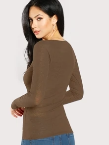 SHEIN Scoop Neck Ribbed Henley Tee - Mocha Brown - View 2