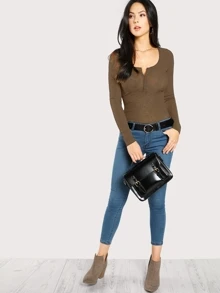 SHEIN Scoop Neck Ribbed Henley Tee - Mocha Brown - View 5