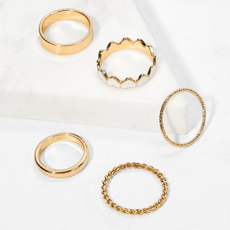

Heart & Plain Ring Set 5pcs, Gold