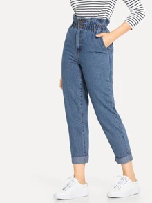 SHEIN LUNE High Waisted Rolled Hem Mom Jeans - Medium Wash - View 3