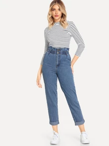 SHEIN LUNE High Waisted Rolled Hem Mom Jeans - Medium Wash - View 4